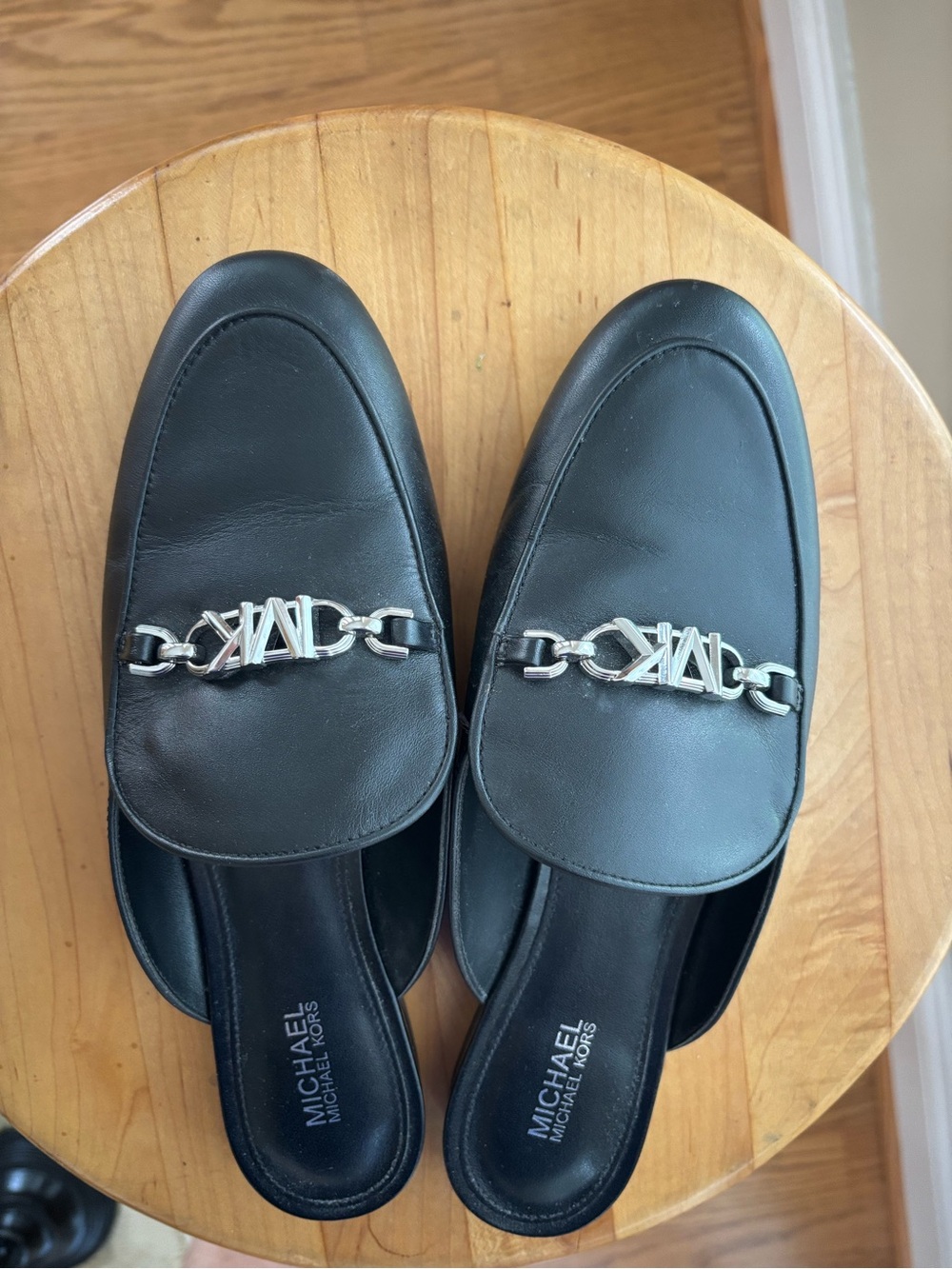 Michael Kors Black Leather Mule Loafers with Silver Chain Accent - Picture 4 of 6